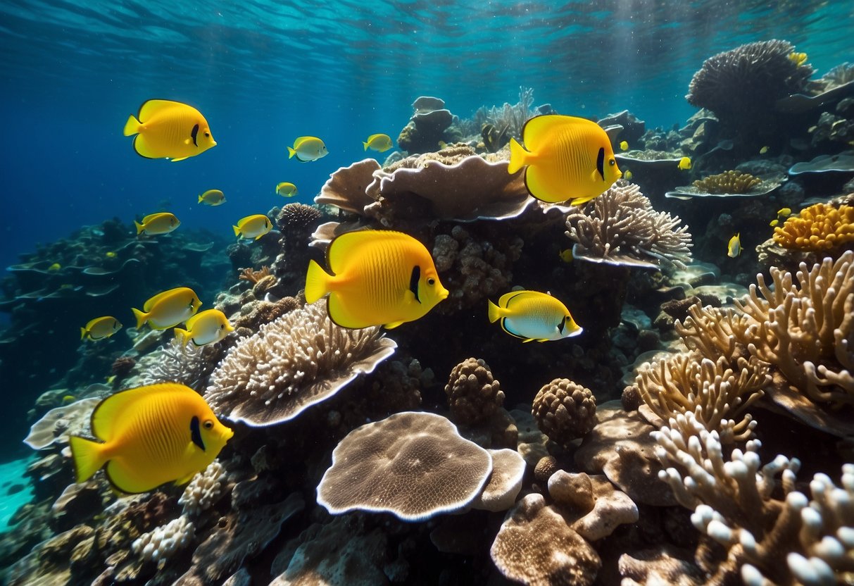 Vibrant coral reefs teeming with colorful fish and sea creatures. Crystal clear waters reveal a diverse marine ecosystem. Sunlight dances through the water, illuminating the beauty below