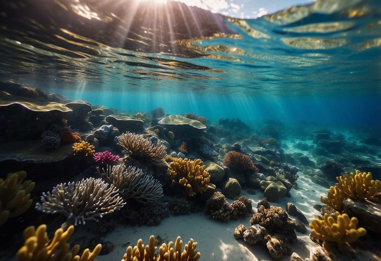 Crystal clear waters teeming with colorful marine life, vibrant coral reefs, and gentle waves lapping against the shore. Sunlight filtering through the water, creating a mesmerizing underwater world