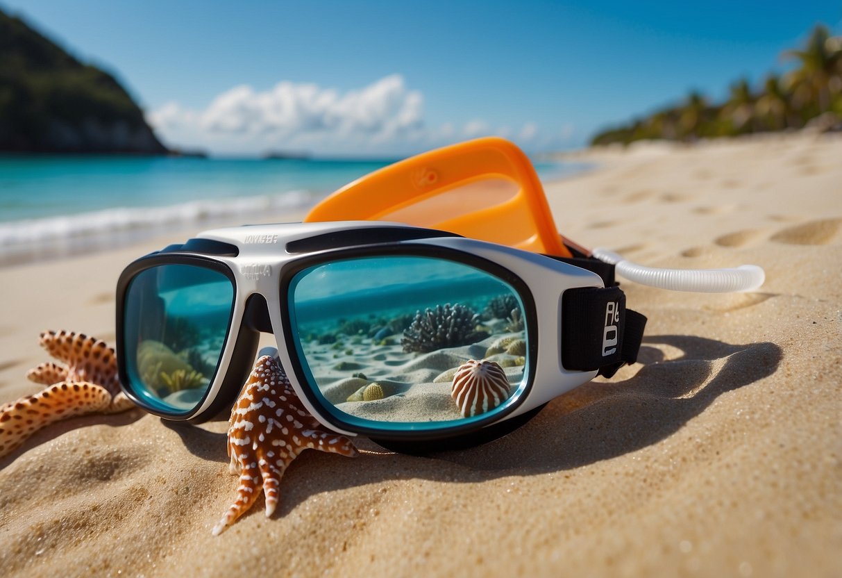 Crystal-clear water with vibrant coral and sea creatures. Snorkel gear laid out on a sandy beach next to a sunscreen bottle and water bottle. A map and compass for navigation