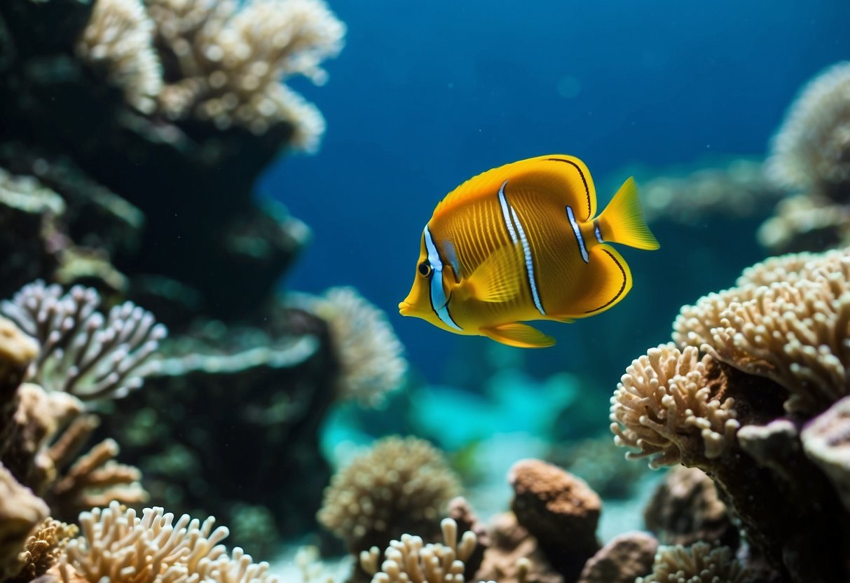 Vibrant coral reefs teeming with colorful fish and sea creatures. Crystal-clear waters reveal the intricate details of marine life. Sunlight dances on the surface, creating a mesmerizing underwater world