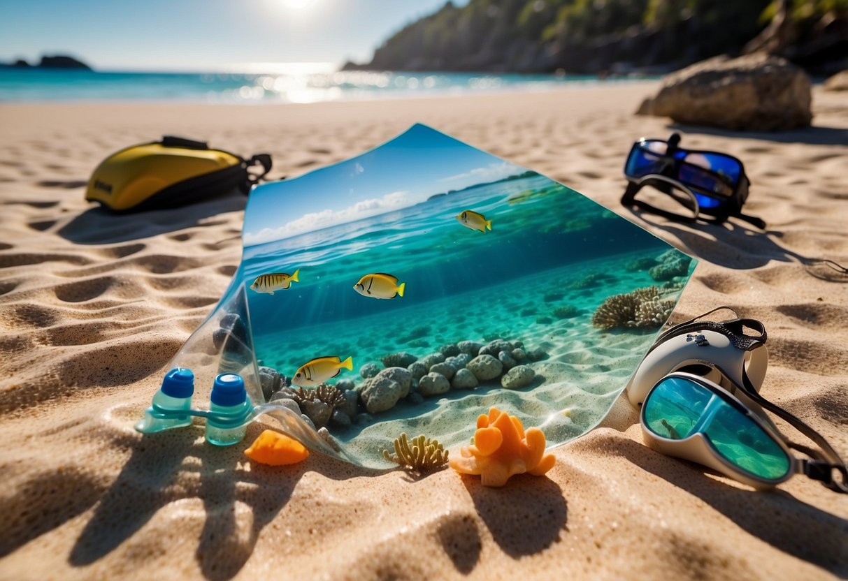 Crystal-clear ocean water, colorful coral reefs, snorkel gear laid out on a sandy beach, sunscreen and water bottles nearby. A map and guidebook for the snorkeling destination