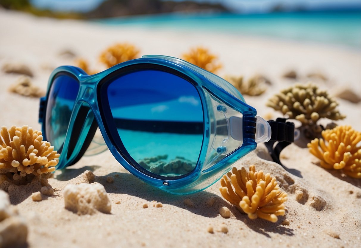 Clear blue water with colorful coral and fish. Snorkel gear laid out on a sandy beach. Sunscreen, water, and snacks ready to go