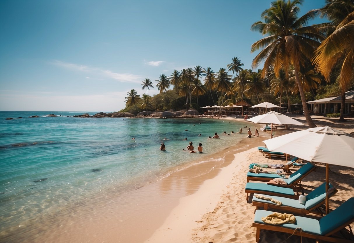 A sunny beach with clear blue water, palm trees, and snorkelers wearing lightweight hats