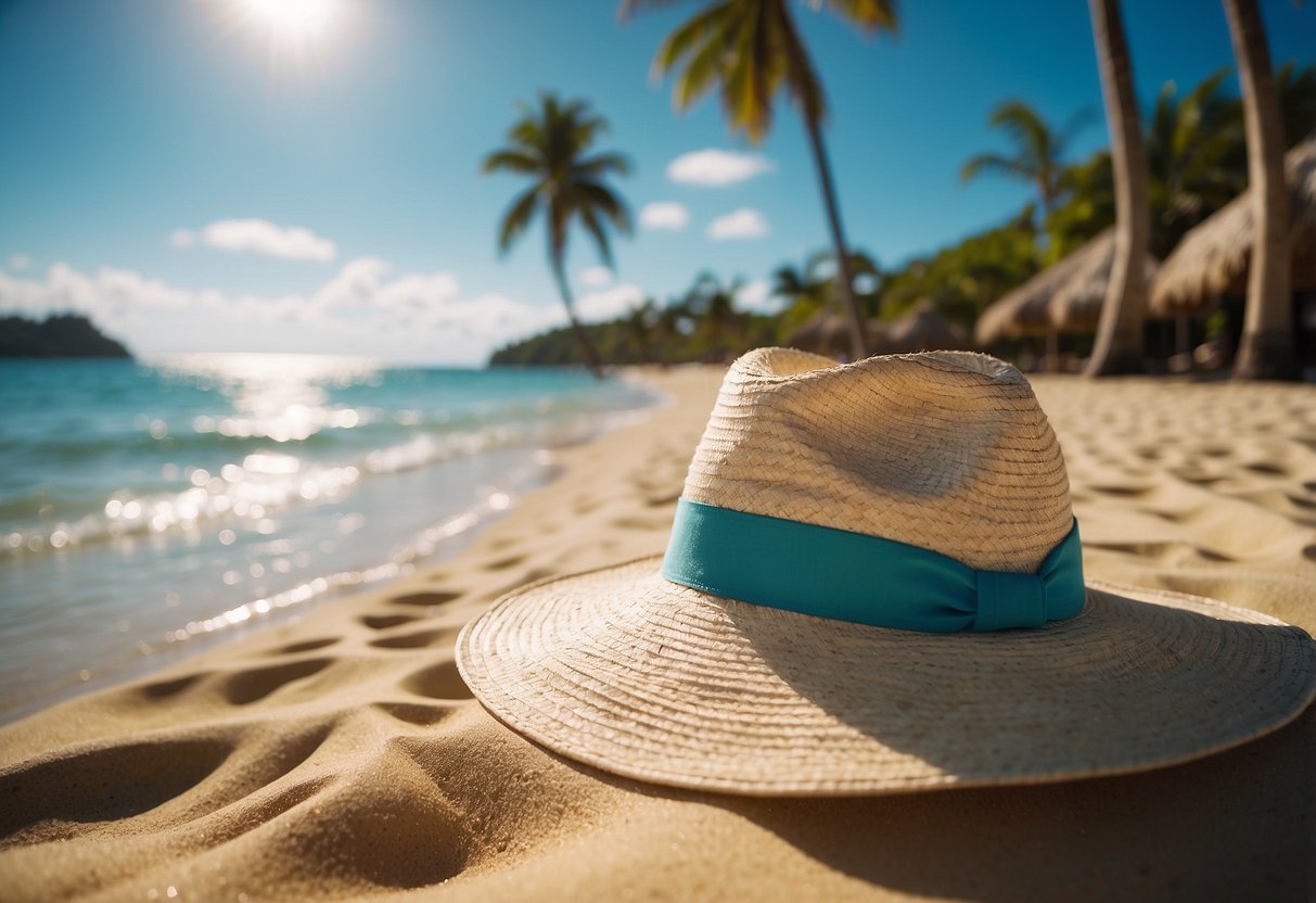 A sunny beach with clear blue water, a palm tree, and a Columbia Bora Bora Booney Hat placed on the sand