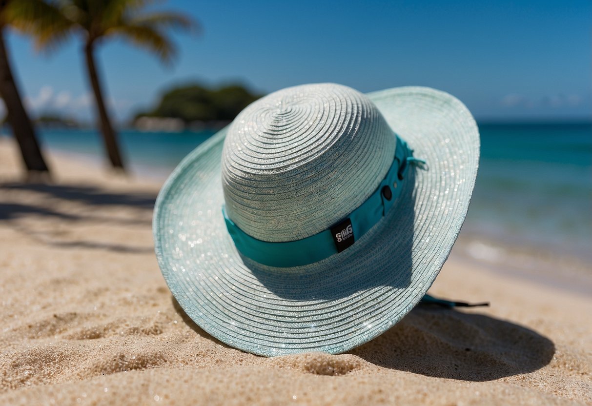 A sunny beach with crystal clear water, a snorkeling mask, and the Outdoor Research Sombriolet Sun Hat