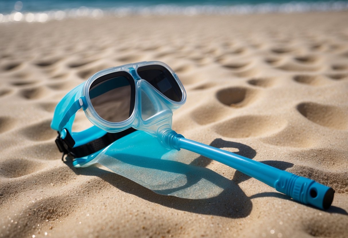 A sunny beach with crystal-clear water, a snorkel and mask lying on the sand, and a lightweight, breathable SolarFlex Guide Cooling Cap resting on a beach chair