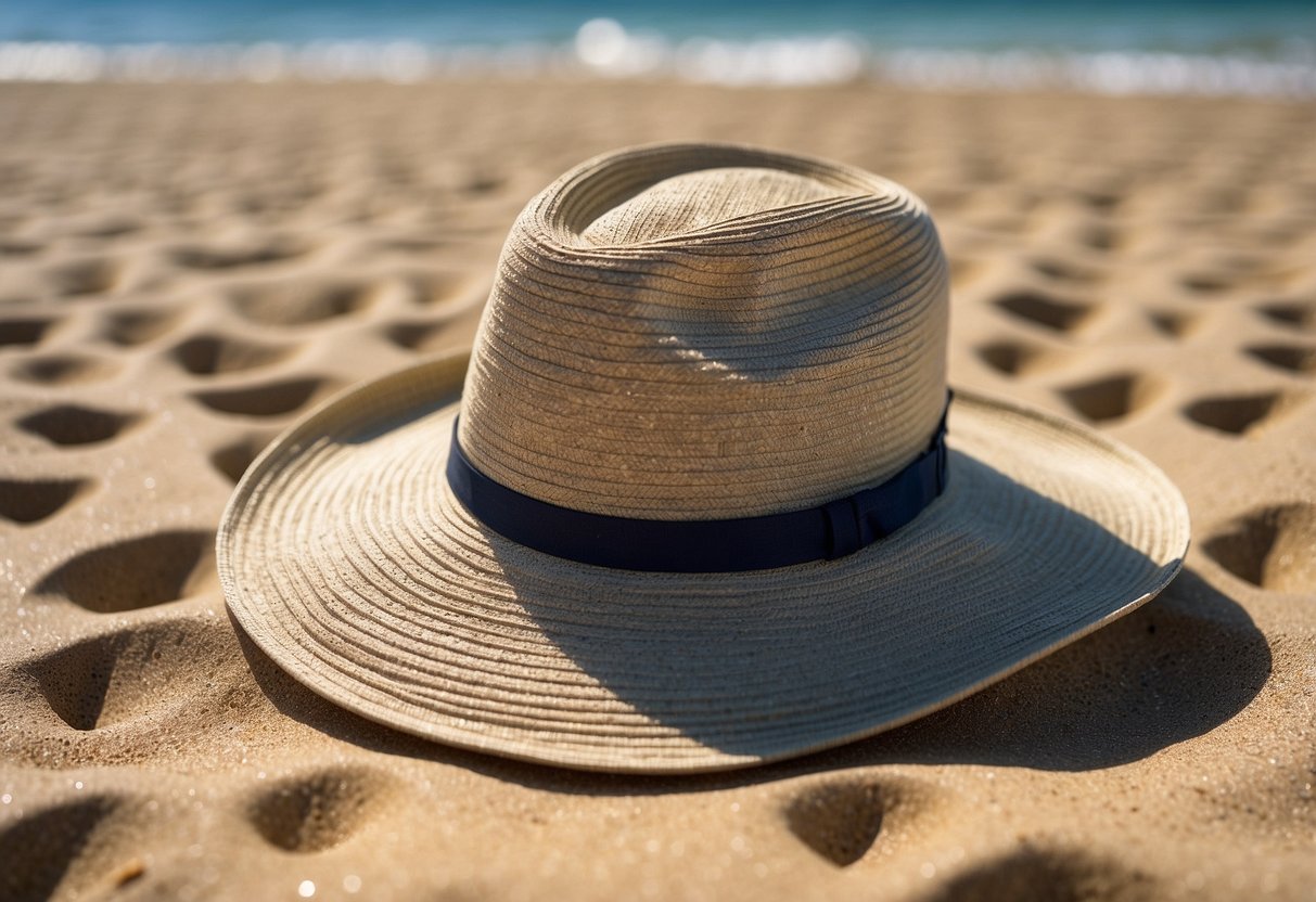 A Tilley LTM6 Airflo hat sits on a sandy beach, with snorkeling gear nearby. The sun shines brightly in the blue sky, casting a shadow on the hat