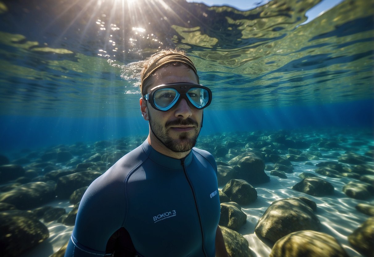 A snorkeler's lightweight hat floats on clear blue water, protecting from sun and providing comfort for long underwater adventures