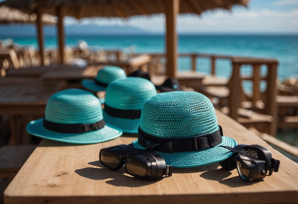 The scene shows five lightweight snorkeling hats with materials like breathable mesh, adjustable straps, and UV protection