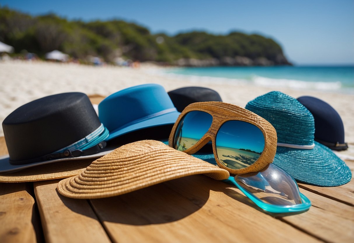 A beach with clear blue waters, a sunny sky, and a variety of lightweight snorkeling hats displayed on a table with innovative features