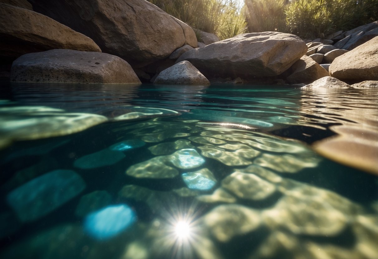 Crystal-clear water filters through a porous rock, collecting in a natural pool. Sunlight dances on the surface, revealing a serene underwater world