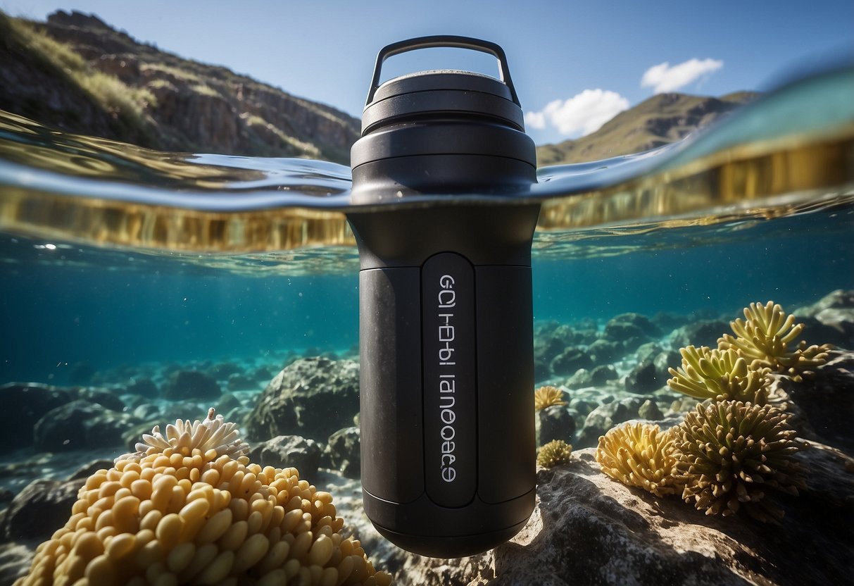 The Grayl Geopress Water Purifier is shown in use while snorkeling, with various natural methods of water purification surrounding it