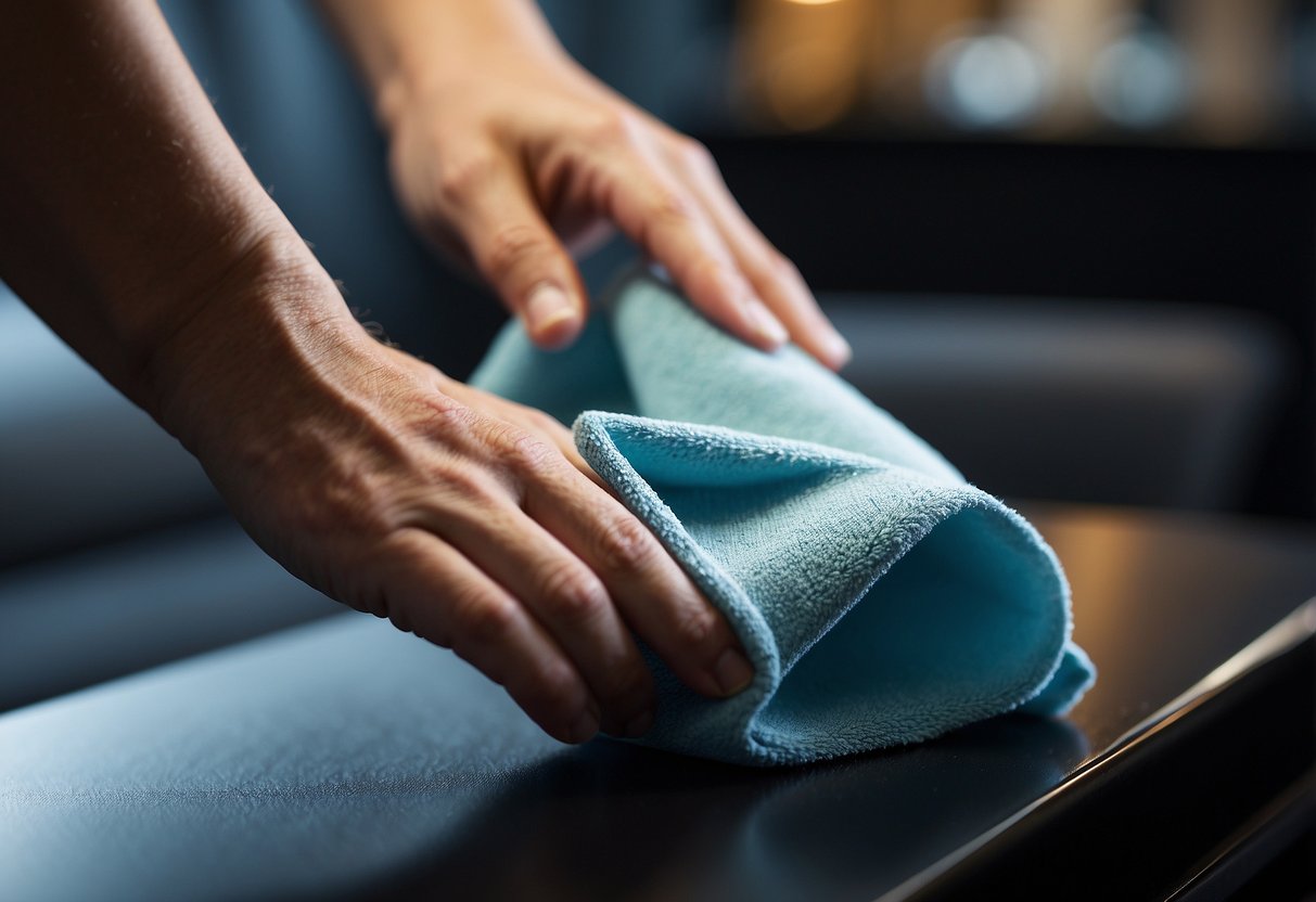 A hand holding a microfiber cloth buffing out scratches on a shiny surface of a modern high gloss furniture piece