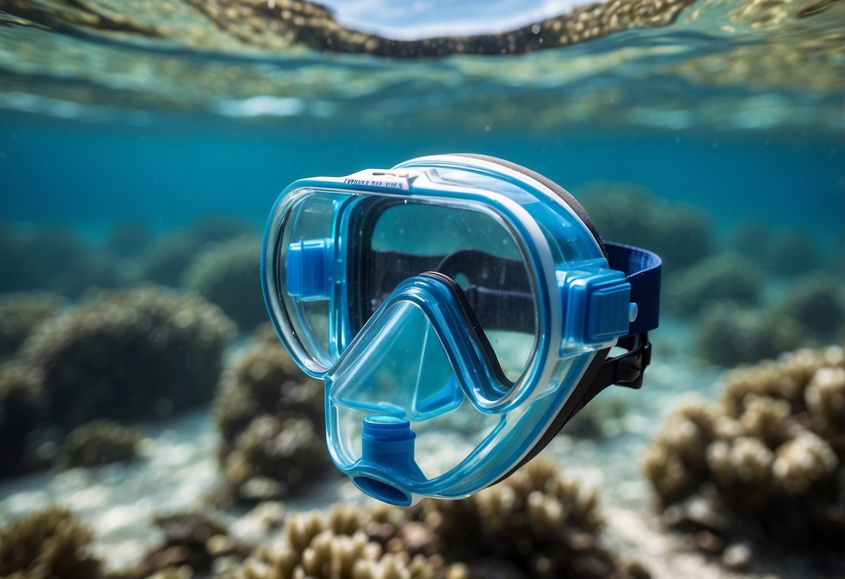 A clear snorkeling mask submerged in crystal blue water, with the Survivor Filter PRO X Electric Water Filter attached to the side, purifying the surrounding water