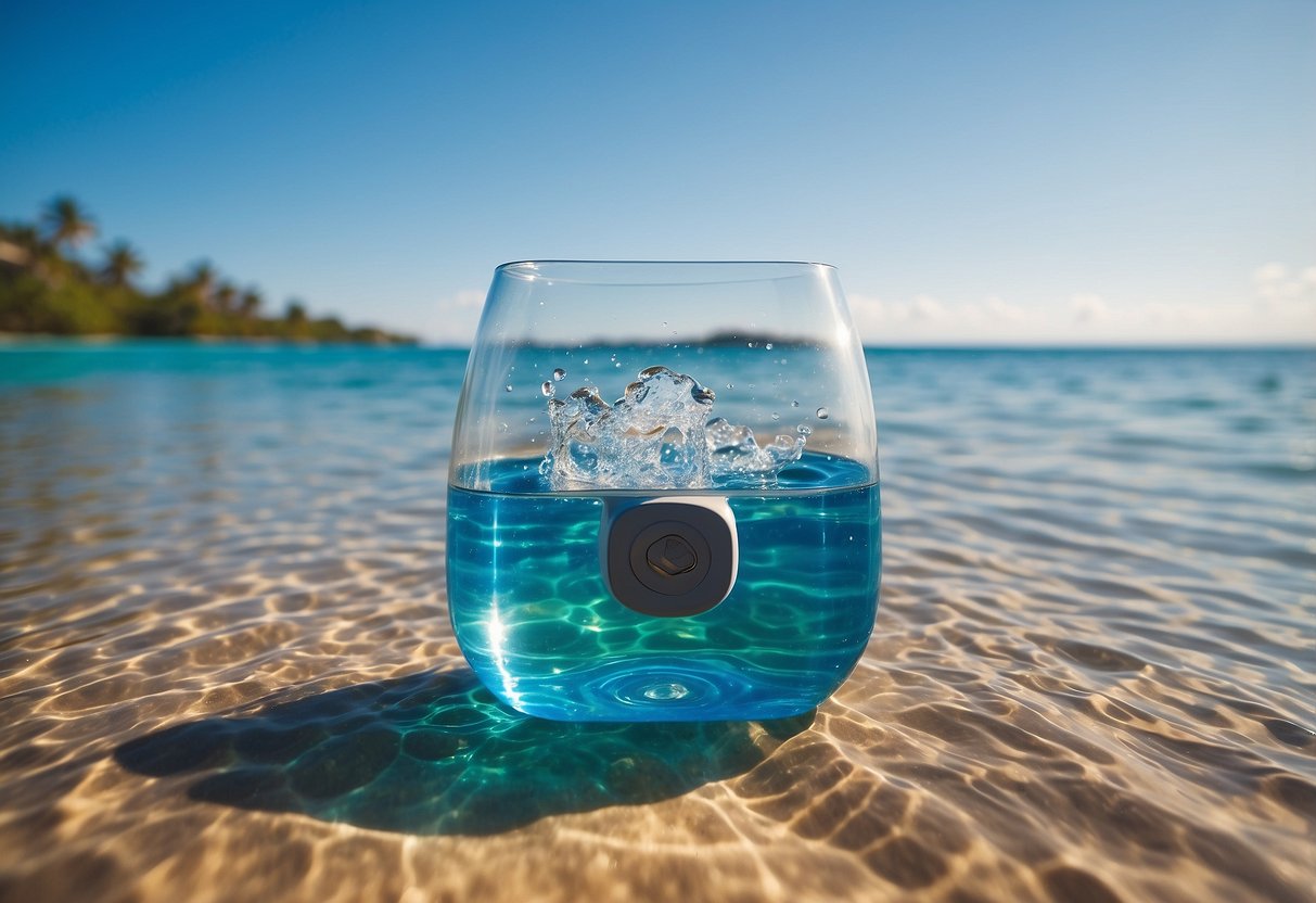 A clear, tropical ocean scene with a Steripen Ultra UV Water Purifier floating in the water. Sunlight glistens off the waves as snorkelers swim nearby