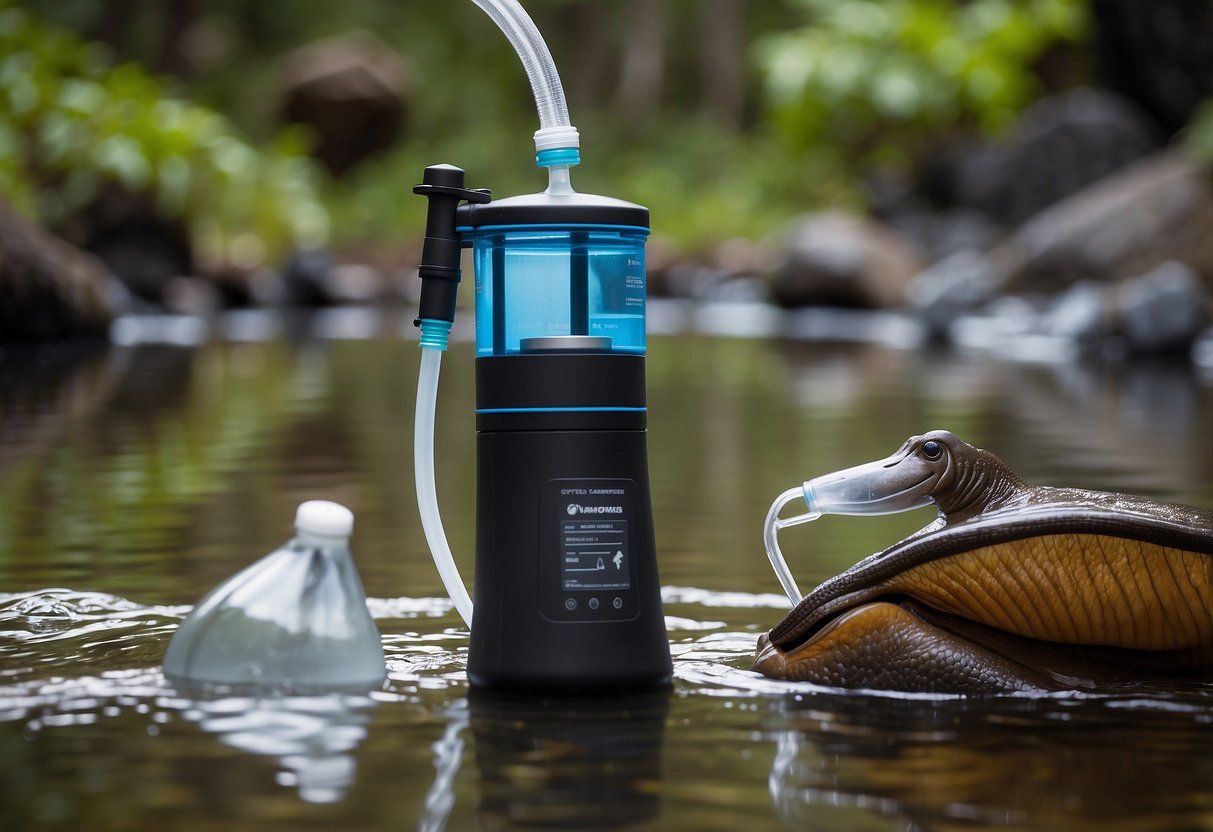 A Platypus GravityWorks water filter hangs from a snorkel gear, surrounded by various methods of water purification