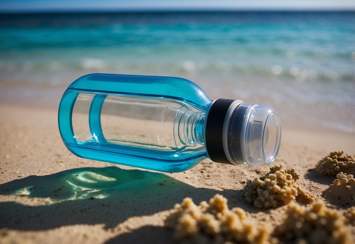 A clear ocean water bottle with a UV purifier cap, surrounded by snorkeling gear and various methods of water purification