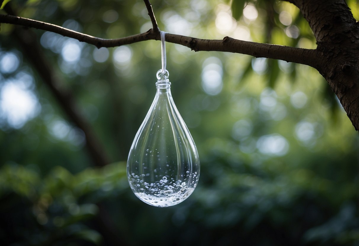 A water bag hangs from a tree, gravity pulling a water drop down. Snorkeling gear and various water purification methods surround it