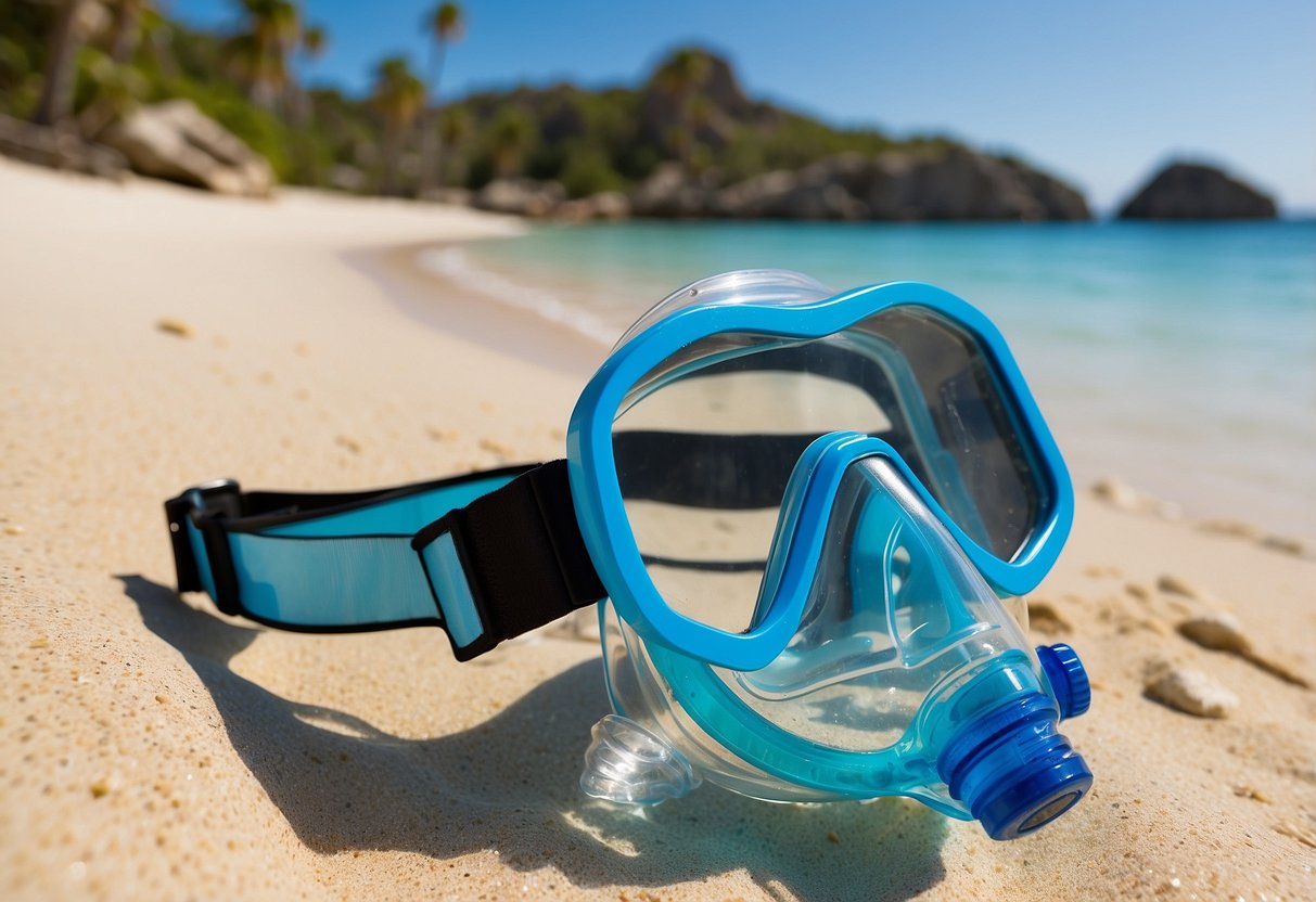 Crystal clear water with snorkeling gear laid out on a sandy beach, including a mask, snorkel, fins, and a portable water purification system