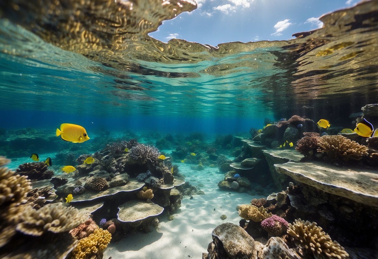 Crystal-clear water, colorful fish, and vibrant coral reefs surround a child-friendly snorkeling area. Gentle waves and a sunny sky create a safe and enjoyable environment for kids to explore underwater