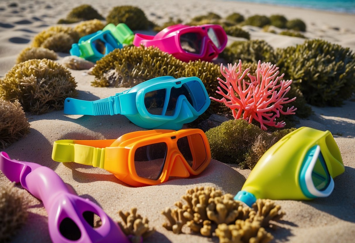 Brightly colored snorkeling gear scattered on a sandy beach, with child-sized masks, fins, and snorkels. A family of fish swimming in the clear water, surrounded by vibrant coral and seaweed