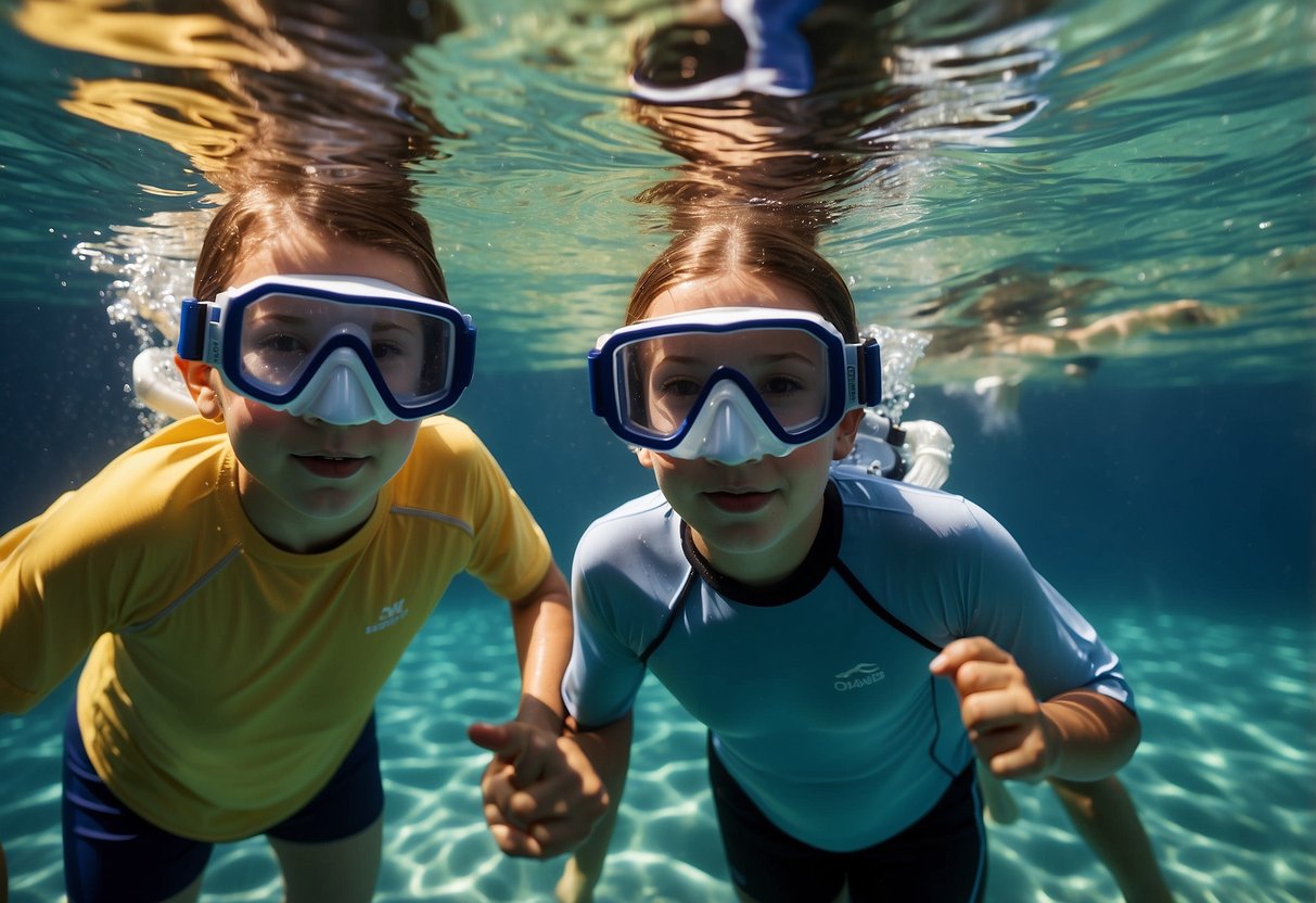 Children snorkeling in a pool, wearing masks and fins. They practice floating and breathing through the snorkel. An adult supervises nearby. Sunlight filters through the water