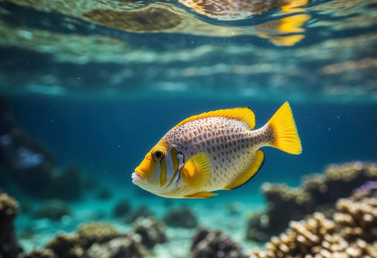 Crystal-clear water, colorful fish, and a child-friendly floating device for safe and fun snorkeling. Sunlight filters through the water, creating a serene and inviting underwater scene