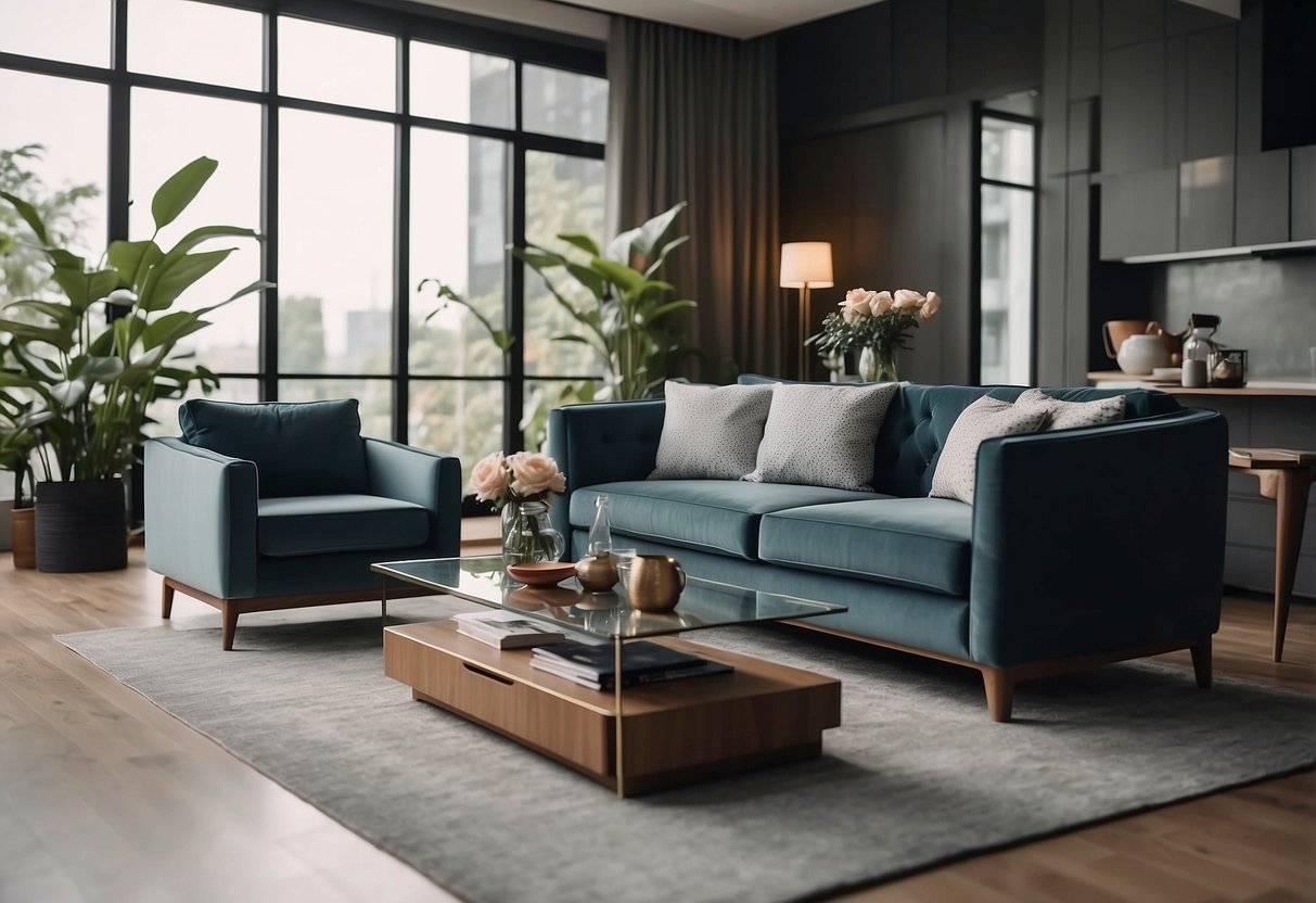 A cozy living room with a Hwa Tat Lee furniture set, featuring a sleek sofa, elegant coffee table, and modern armchair