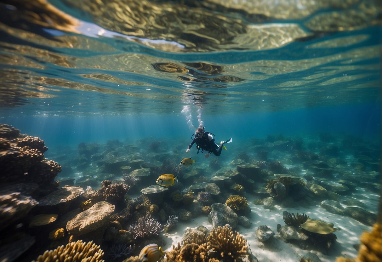 Calm, shallow waters with colorful marine life and clear visibility. Children snorkeling with adults, using proper gear and staying close together