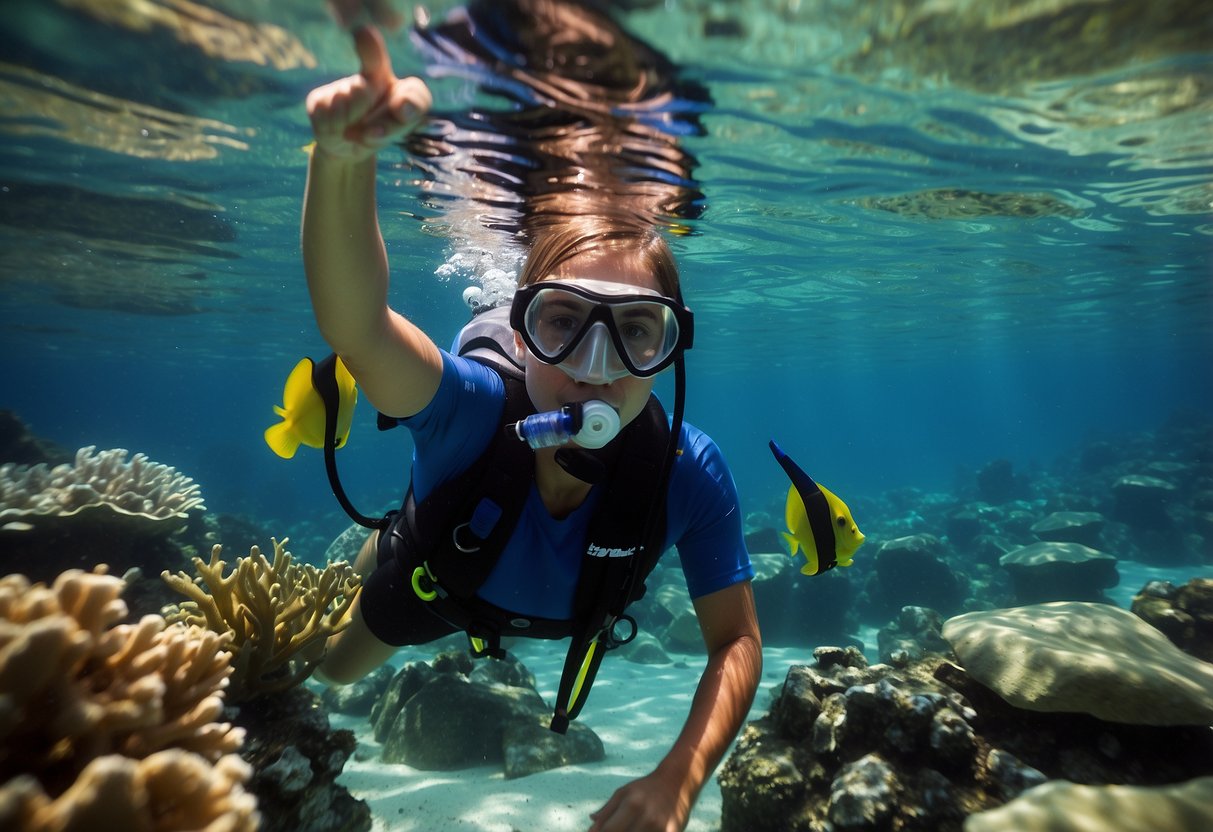 Children snorkeling, using hand signals to communicate underwater. Instructor demonstrating basic signals. Clear water, colorful fish, and coral reef in the background