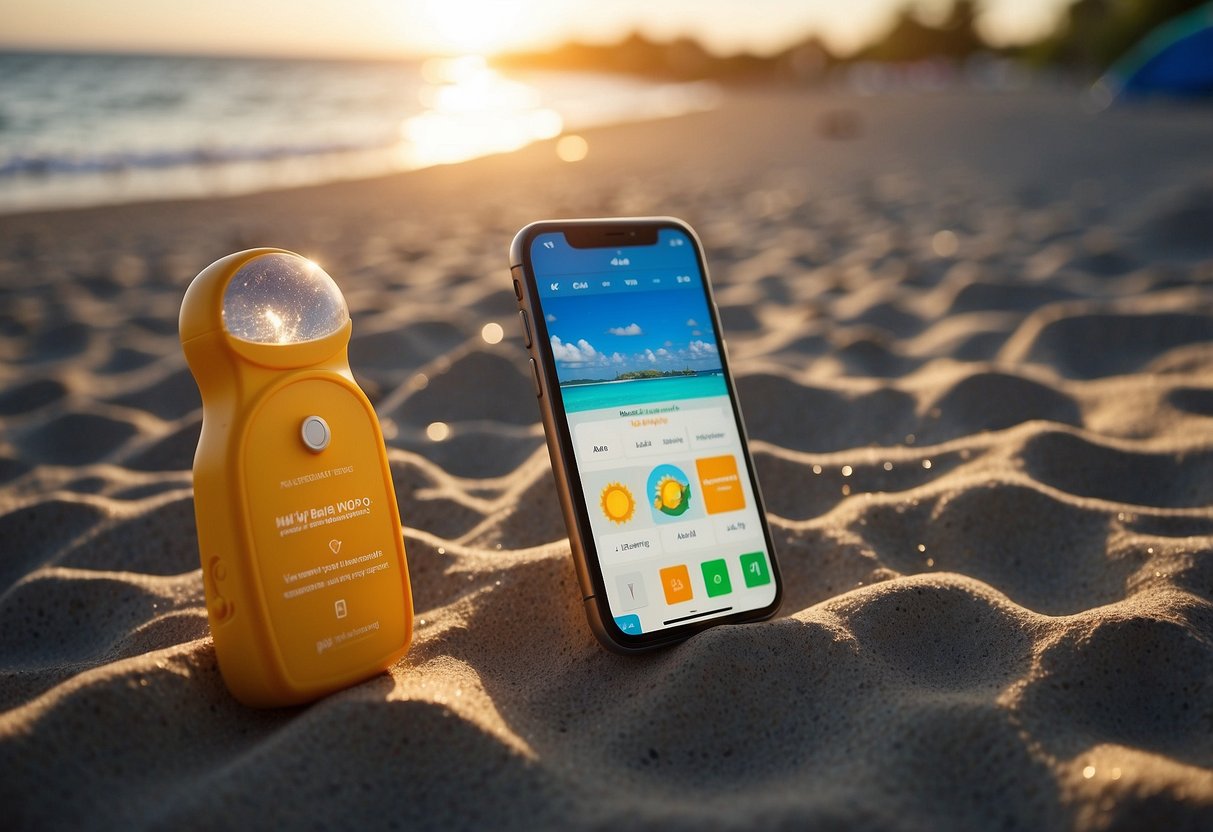 A family beach scene with snorkeling gear, sunscreen, and a weather forecast app on a smartphone