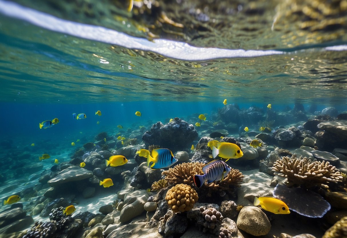 Crystal clear water with colorful fish and coral. A parent and child snorkeling together, following the 7 tips for safety and enjoyment