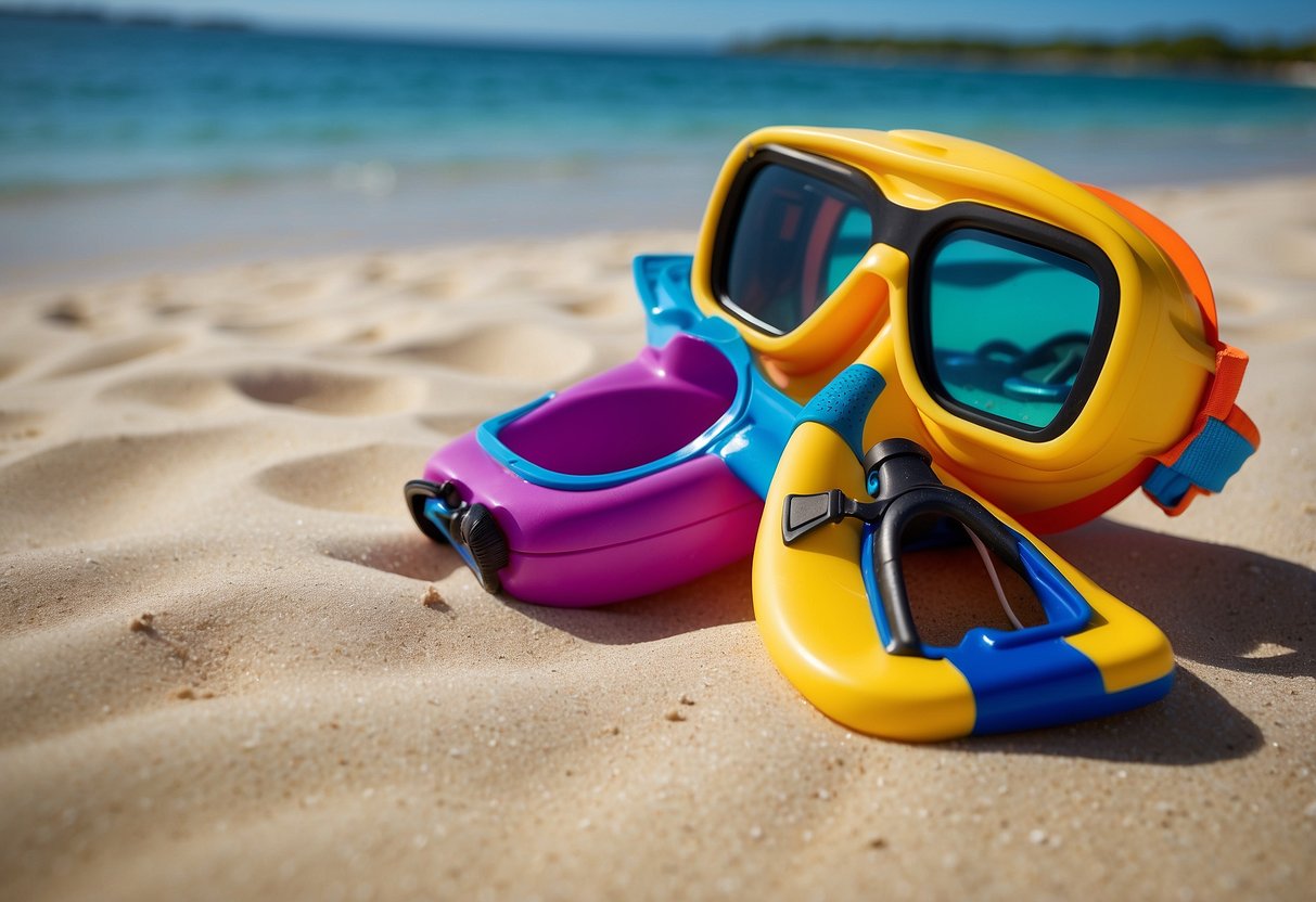 Colorful snorkeling gear laid out on a sandy beach next to a calm, clear ocean. A child-sized mask, snorkel, and flippers are neatly arranged, along with a brightly colored life vest and underwater camera