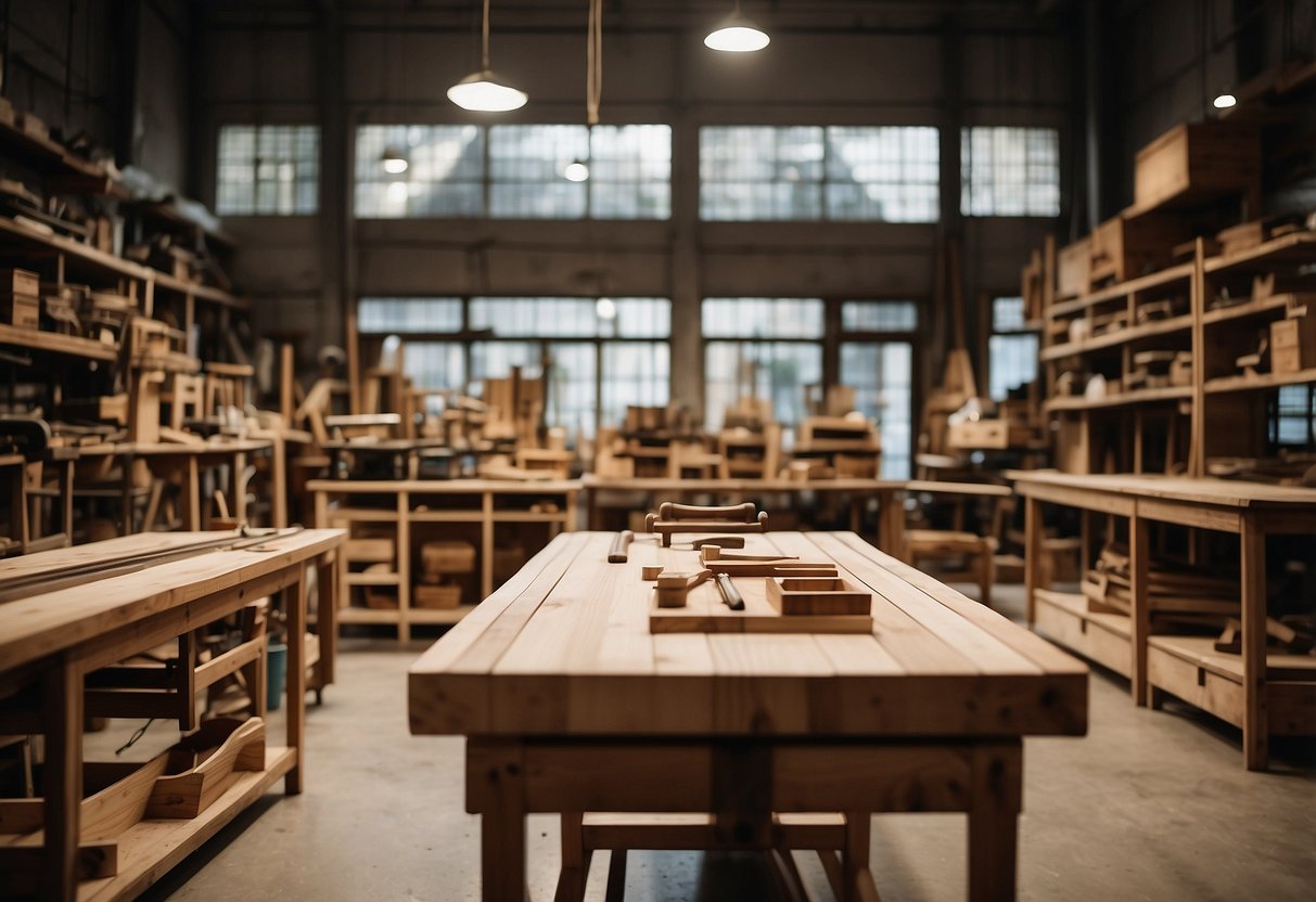 A workshop filled with traditional woodworking tools and unfinished furniture pieces, showcasing the legacy of quality at Hwa Tat Lee Furniture