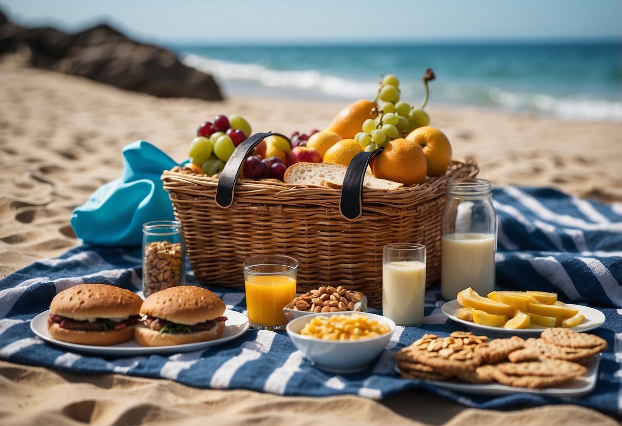 A snorkeling trip scene with a picnic basket filled with lightweight food options like fruits, sandwiches, nuts, and granola bars laid out on a beach towel