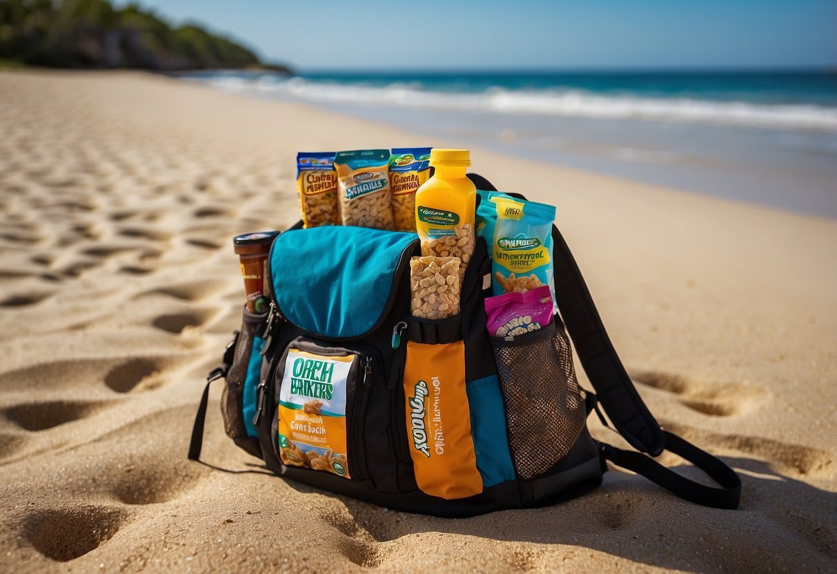 A snorkeler's backpack open on a sandy beach, with Nature Valley Crunchy Granola Bars and other lightweight snacks spilling out