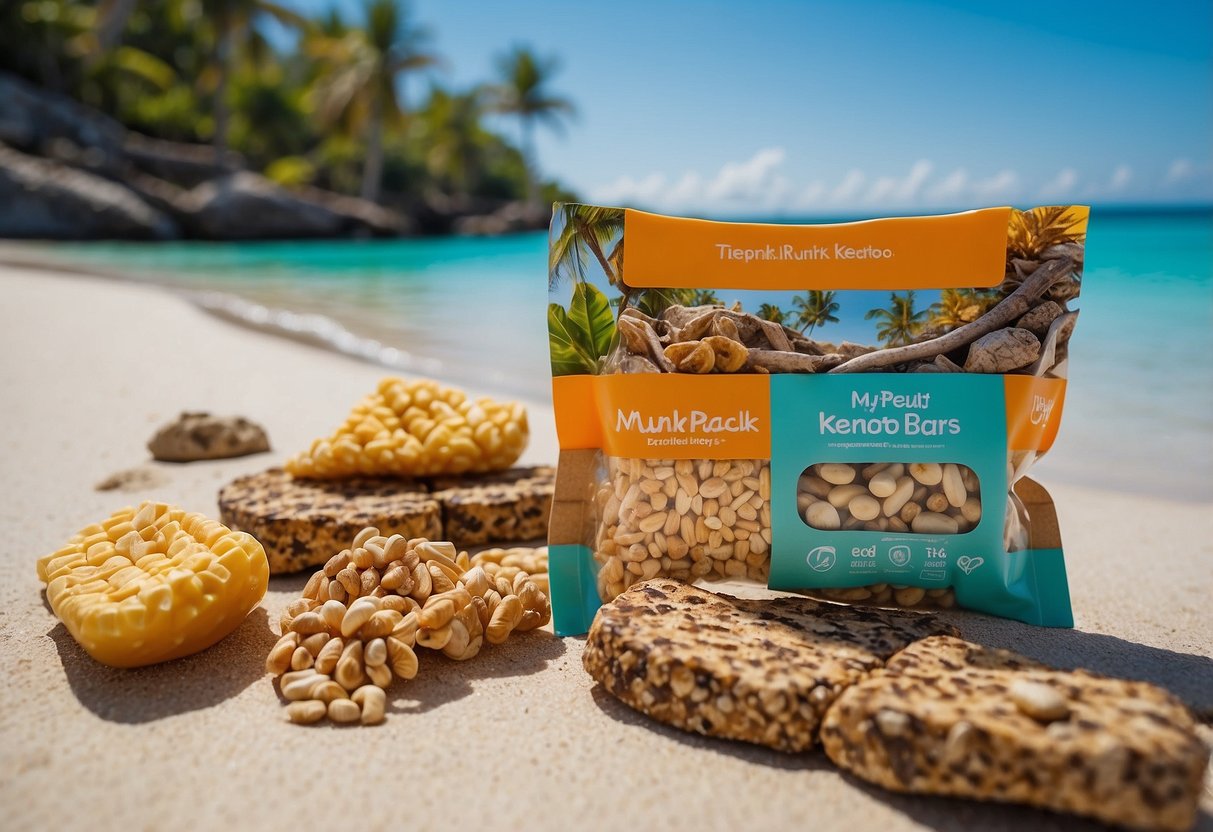 A tropical beach with crystal-clear water, colorful coral reefs, and a snorkeling gear next to Munk Pack Keto Nut & Seed Bars