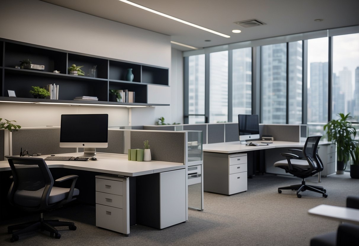 A modern office space with ergonomic furniture and adjustable desks to depict challenges and adaptations in modern times for Hwa Tat Lee furniture