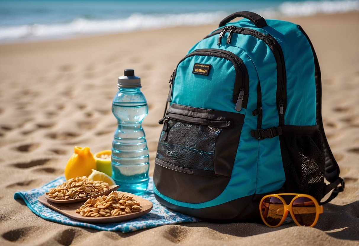 A snorkeler's backpack open on a beach towel, with MadeGood Granola Minis, a water bottle, and a snorkeling mask laid out for a lightweight snack break