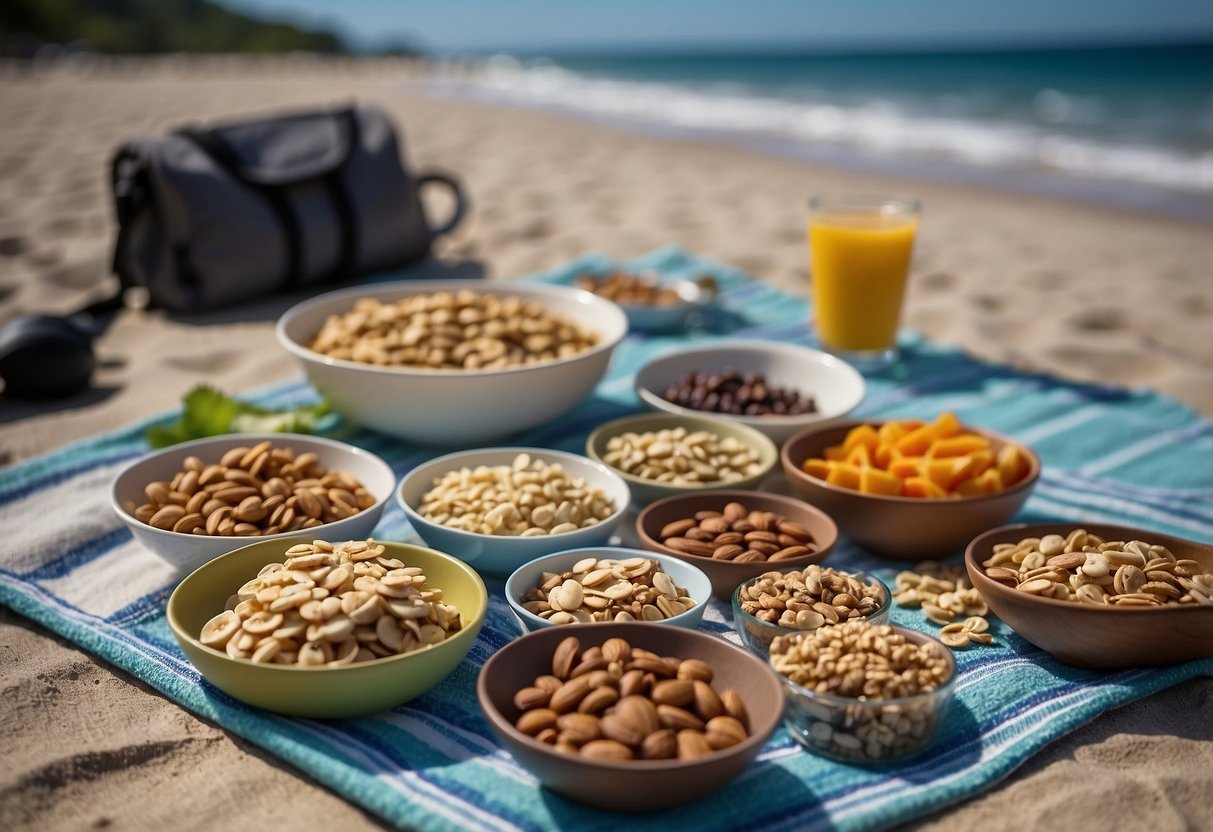 A snorkeling trip scene with lightweight food items like nuts, dried fruits, granola bars, energy bars, and trail mix spread out on a beach towel