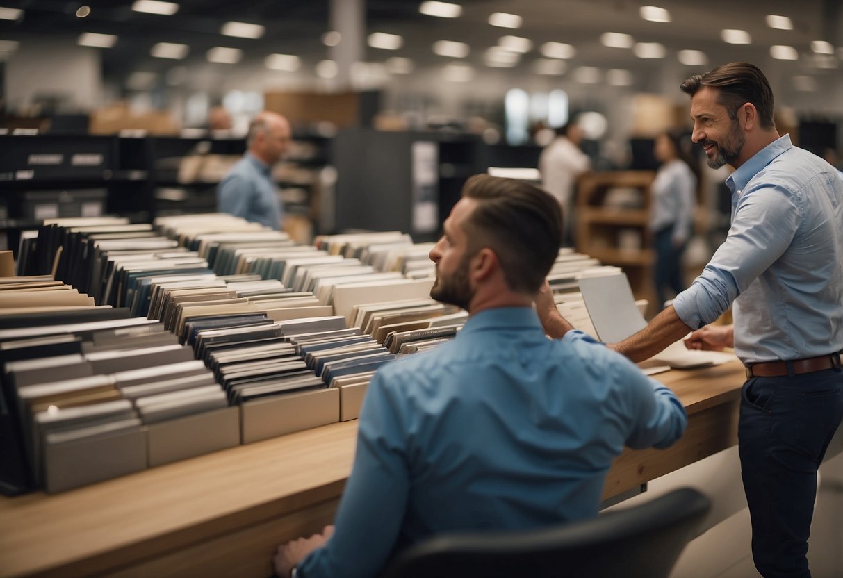 A customer browsing through a catalog of furniture, with a helpful sales representative answering questions