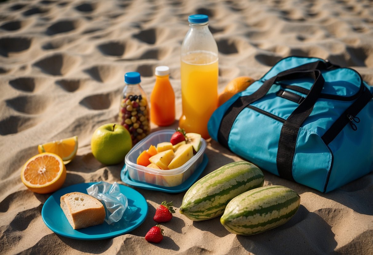 A beach bag with lightweight snacks, fruits, and sandwiches laid out next to snorkeling gear and a water bottle