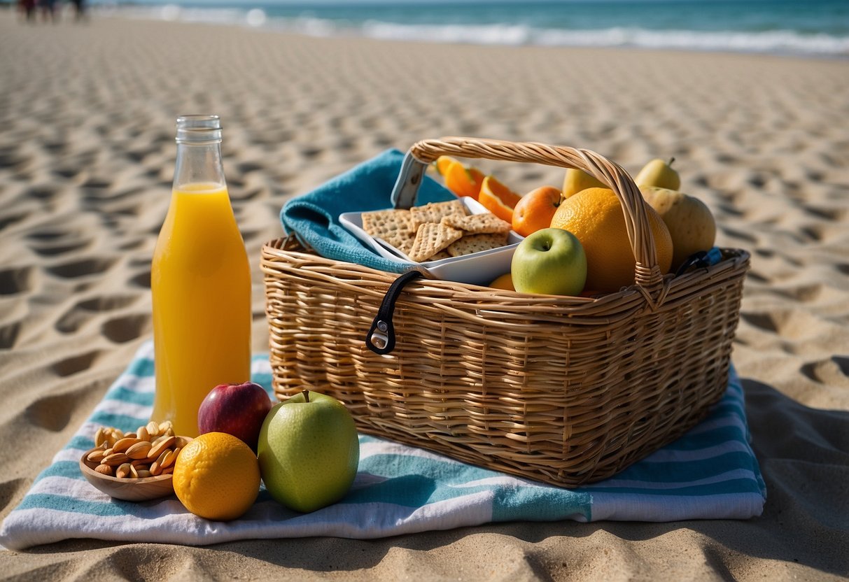 A beach towel spread out on the sand, with a picnic basket filled with lightweight, easy-to-pack snacks like fruits, nuts, and granola bars. A pair of snorkeling gear lying nearby