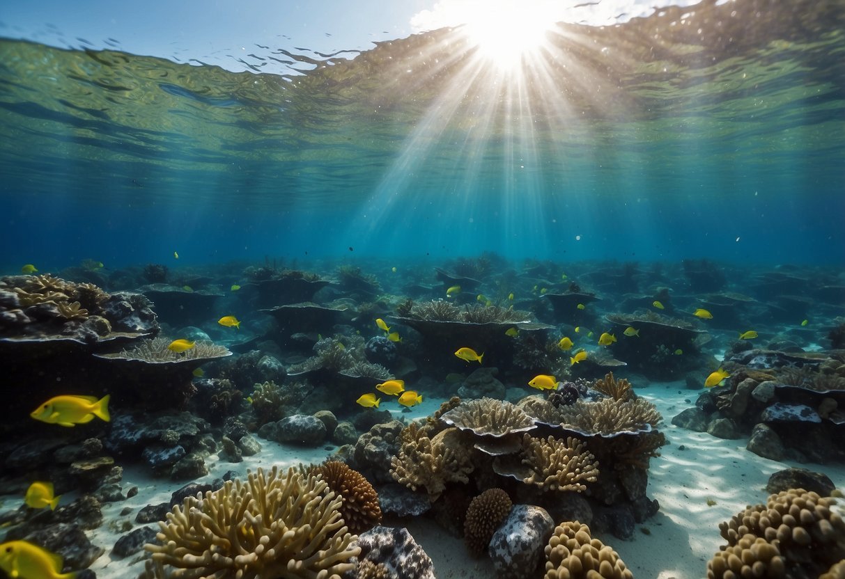 Crystal-clear waters reveal vibrant coral reefs teeming with colorful fish. Sunlight dances through the waves, illuminating the underwater world