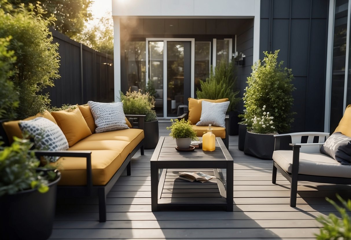 A backyard patio with modern, sleek IKEA outdoor furniture, including storage units for cushions and gardening supplies