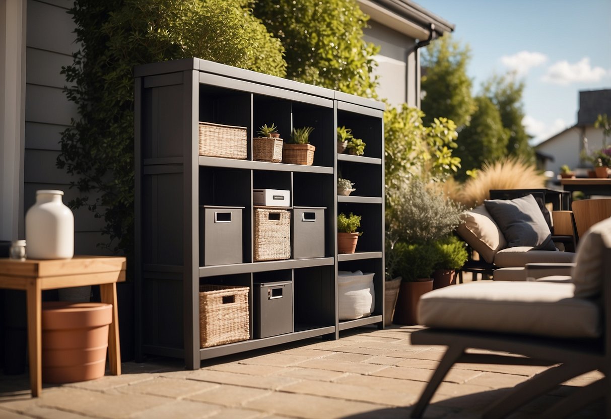 A sunny outdoor patio with a neatly organized storage unit filled with IKEA outdoor furniture pieces. The furniture is stacked and arranged in an orderly manner, with various storage compartments and shelves visible