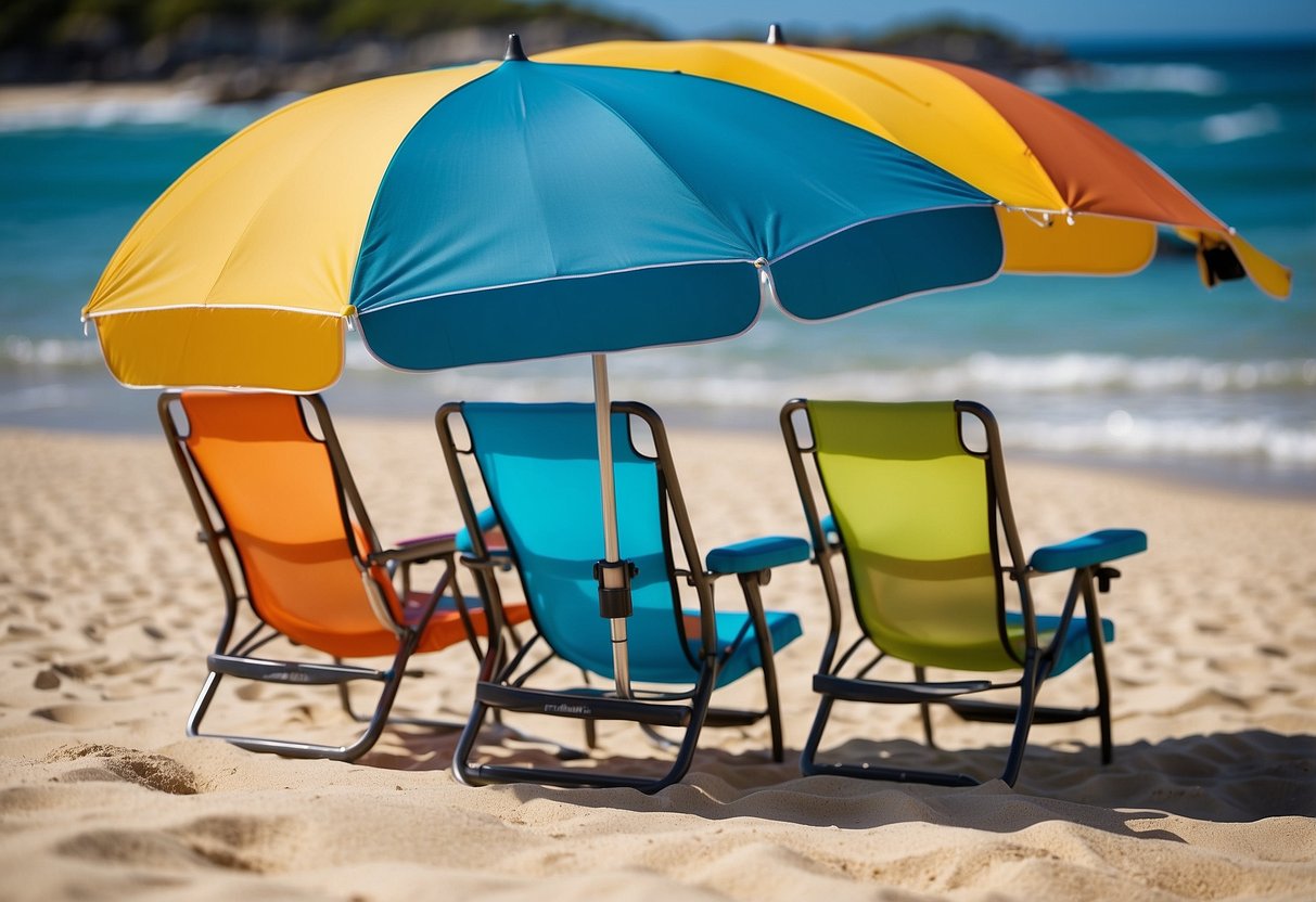 Five colorful lightweight snorkeling chairs arranged on a sandy beach with a clear blue ocean in the background. Each chair has a built-in umbrella and a mesh pocket for storing snorkeling gear