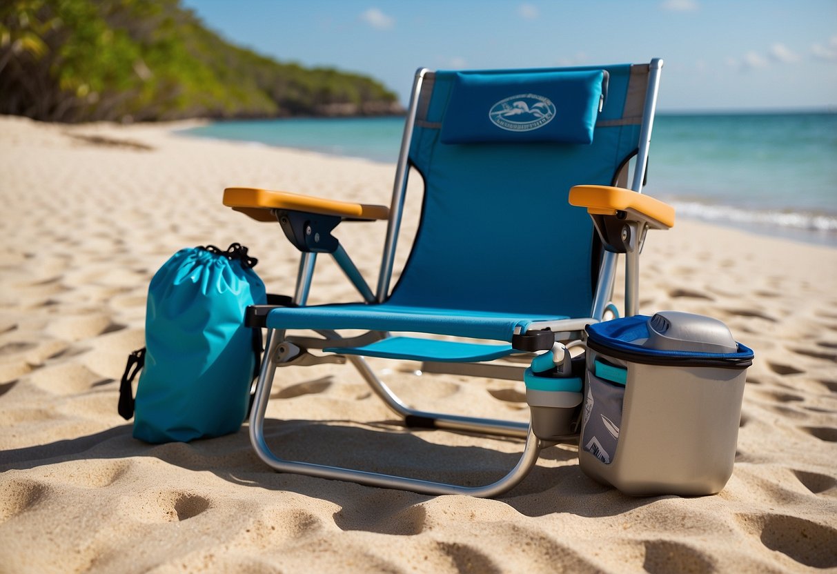 A Tommy Bahama backpack beach chair sits on the sandy shore, surrounded by lightweight snorkeling gear. The chair is sturdy and comfortable, with a built-in cooler and storage pouches