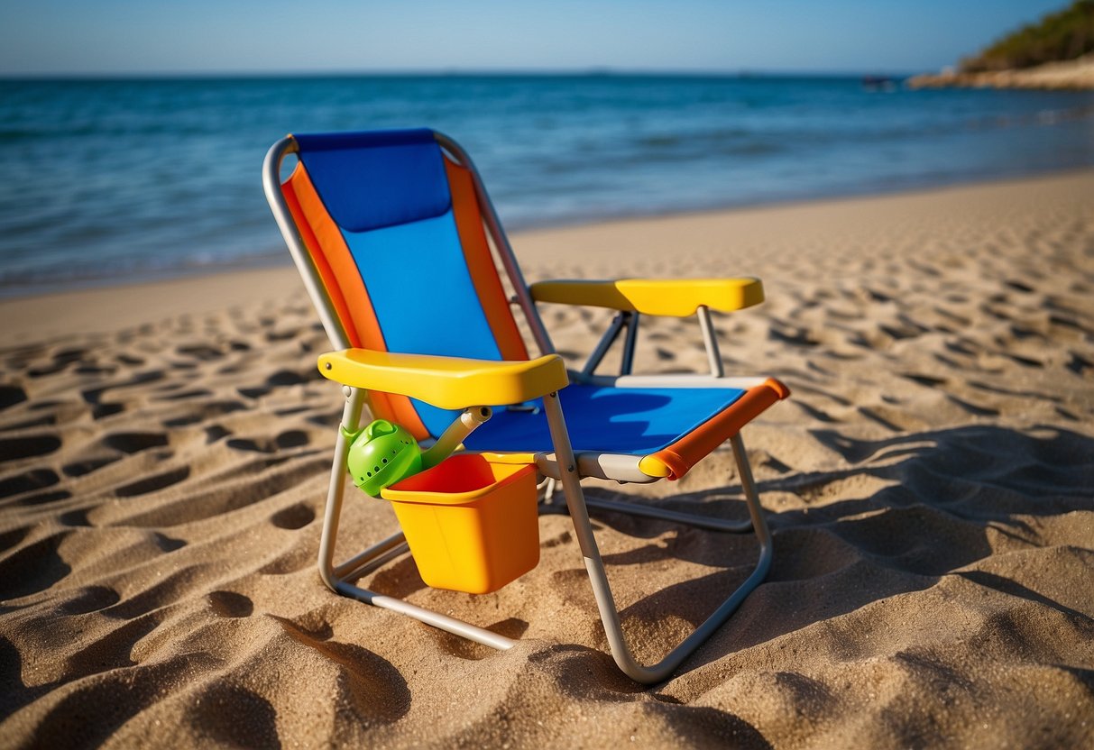 A colorful portable folding chair sits on a sandy beach, with a snorkeling mask and fins nearby. The chair is lightweight and easy to carry