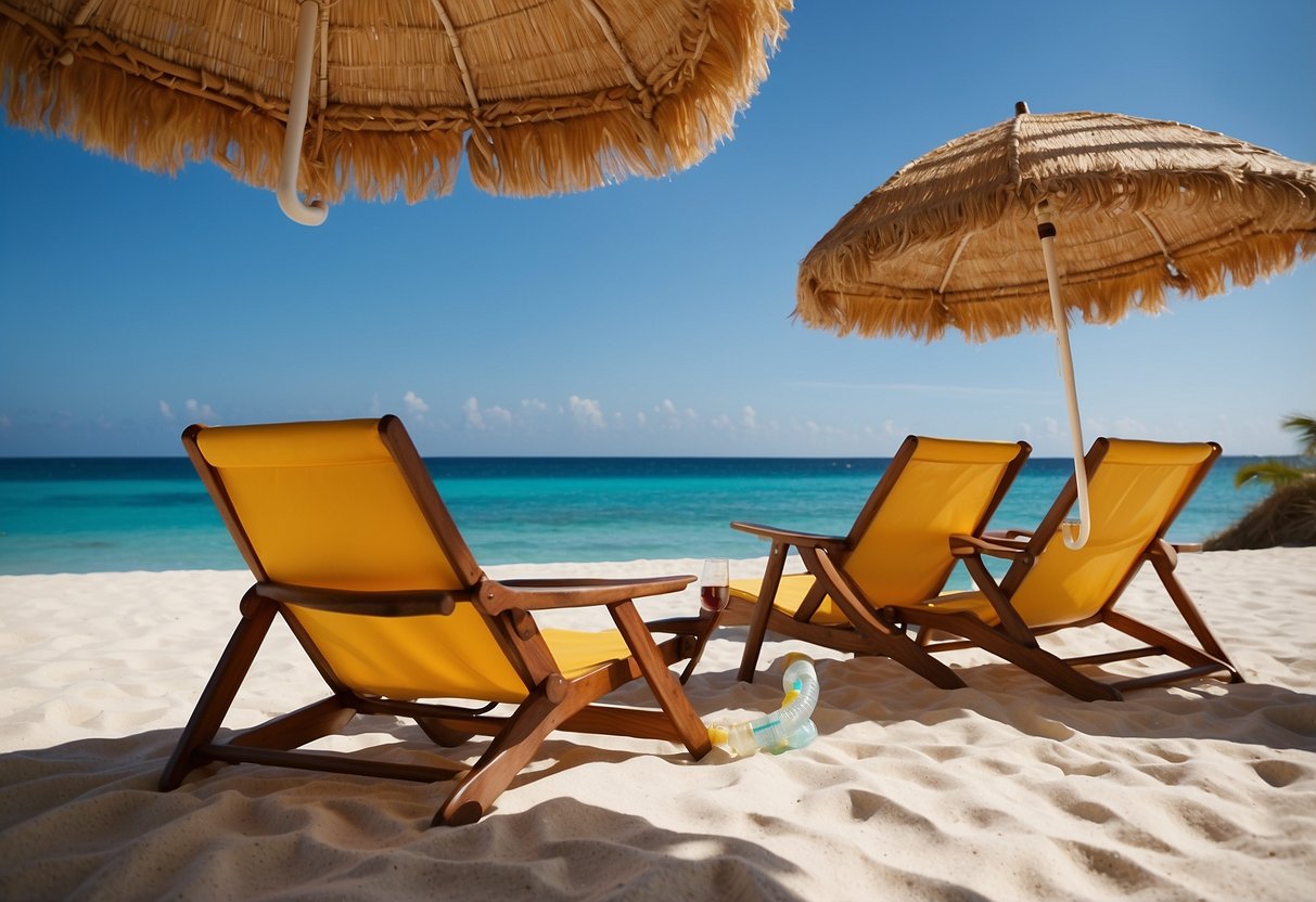 A beach chair with a built-in umbrella and reclining feature, surrounded by lightweight snorkeling gear and accessories